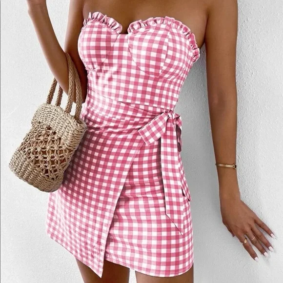 Gingham Frill Trim Wrap Knot Side Tube Dress - Picture 1 of 4